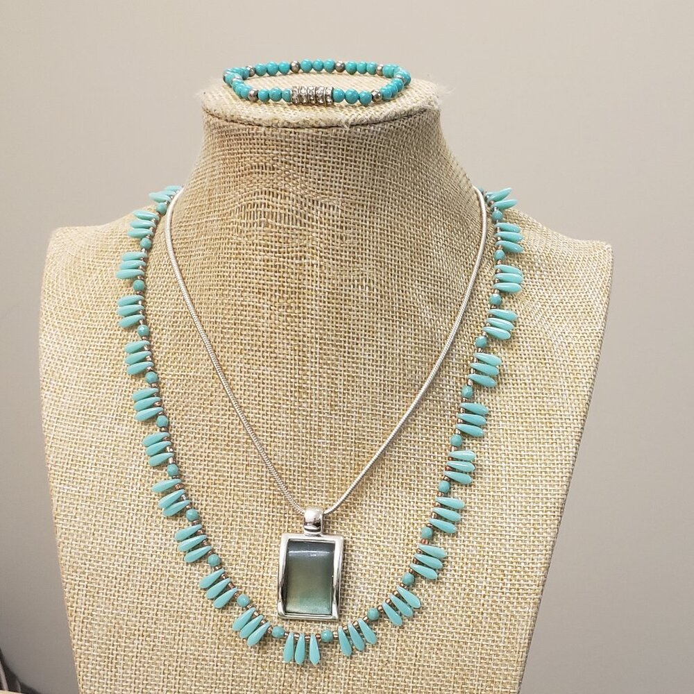 Turquoise blue color 3 piece bundle, 2 necklaces, 1 bracelet bundle